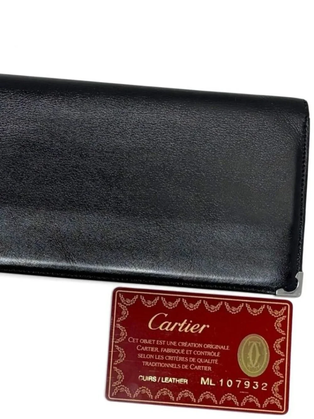 Excellent Cartier Black Leather Long Wallet Bill/Card Case w/ Card